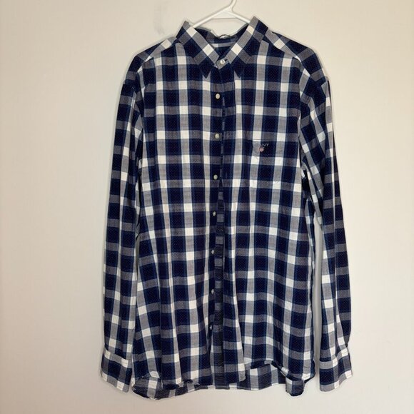 GANT Button Up Collared Shirt Men XL Dobby Plaid Regular Fit 43/44 17 Blue White - Picture 5 of 7